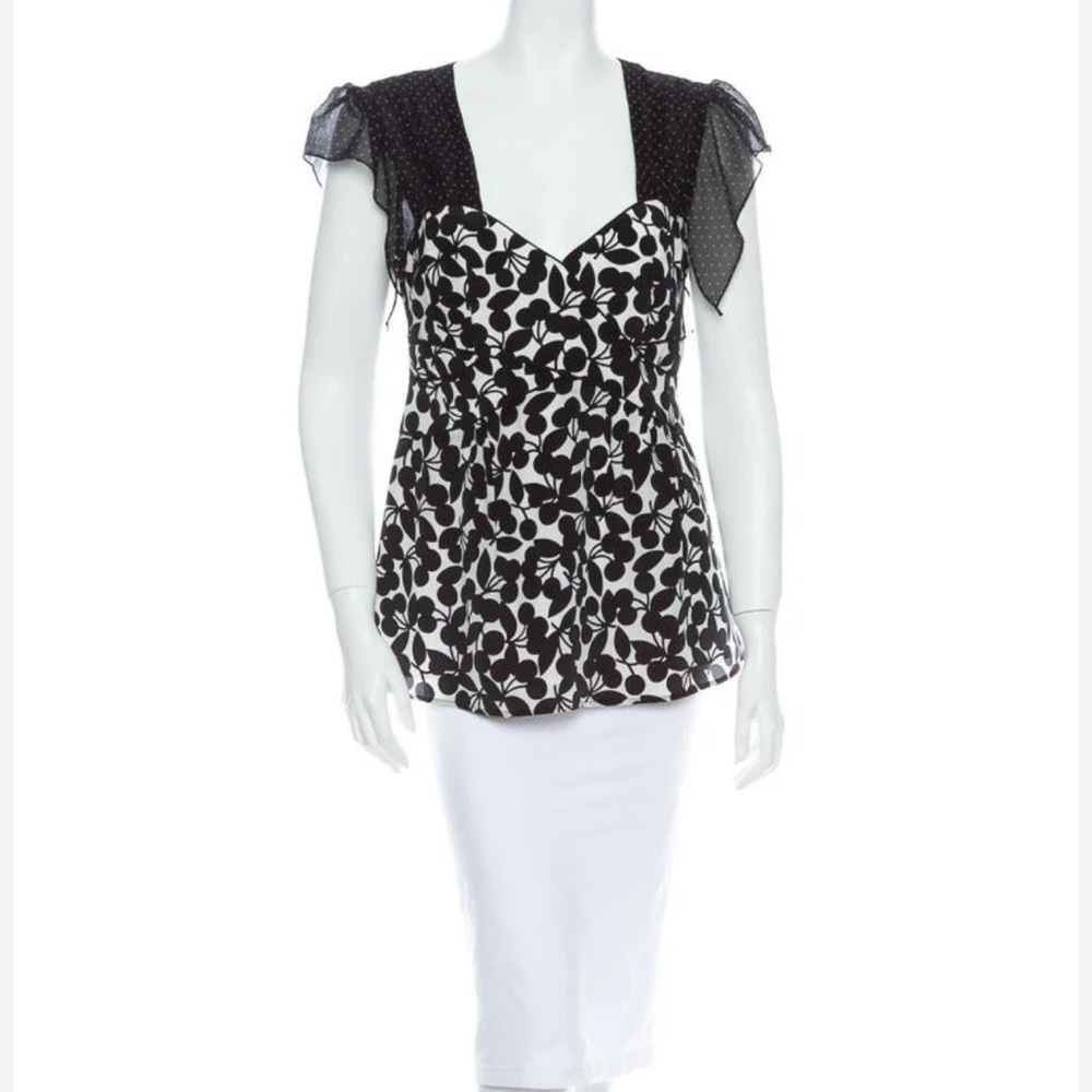nanette lepore top Size 2 Lined White With Black Cherries And Black Poke A Dot